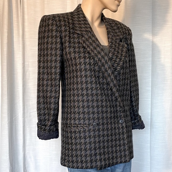 Vintage Jackets & Blazers - Vintage Oversize Blazer Grey Houndstooth Wool Fully Lined Vtg Jacket 80s Size 6